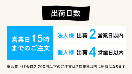 出荷日数:営業日15時までのご注文、法人様出荷2営業日以内、個人様出荷4営業日以内。※お買上金額2200円以下のご注文は7営業日以内に出荷になります