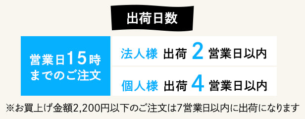 出荷日数:営業日15時までのご注文、法人様出荷2営業日以内、個人様出荷4営業日以内。※お買上金額2200円以下のご注文は7営業日以内に出荷になります